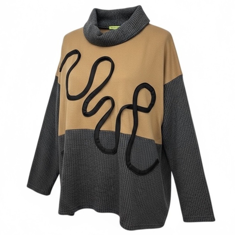 Trisha Tyler 1X Camel Gray‎ Geometric Rope Detail Turtleneck Sweater